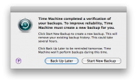 OS-X dialogue showing message from: Time Machine completed a verification of your backups. To improve reliability, Time Machine must create a new backup for you.